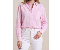 LA MIEL Preppy Coastal Striped Button-down Blouse in pink white striped - women's blouse