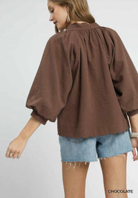 umgee Split V-neck Top With Balloon Sleeves in brown - women's blouse - alternate view