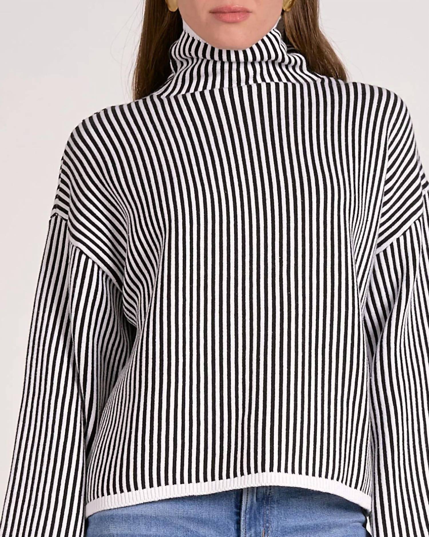 ELAN Striped Long Sleeve Sweater in black white stripe - women's sweater - detail view