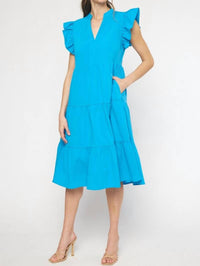 entro Ruffled Pocket Tiered Midi Dress in cobalt - women's dress - detail view