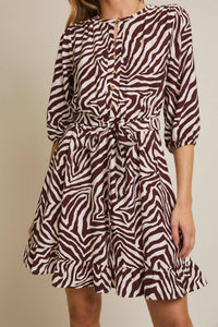 GILLI Tie Waist Mini Dress in ivory brown zebra - women's dress - view 4