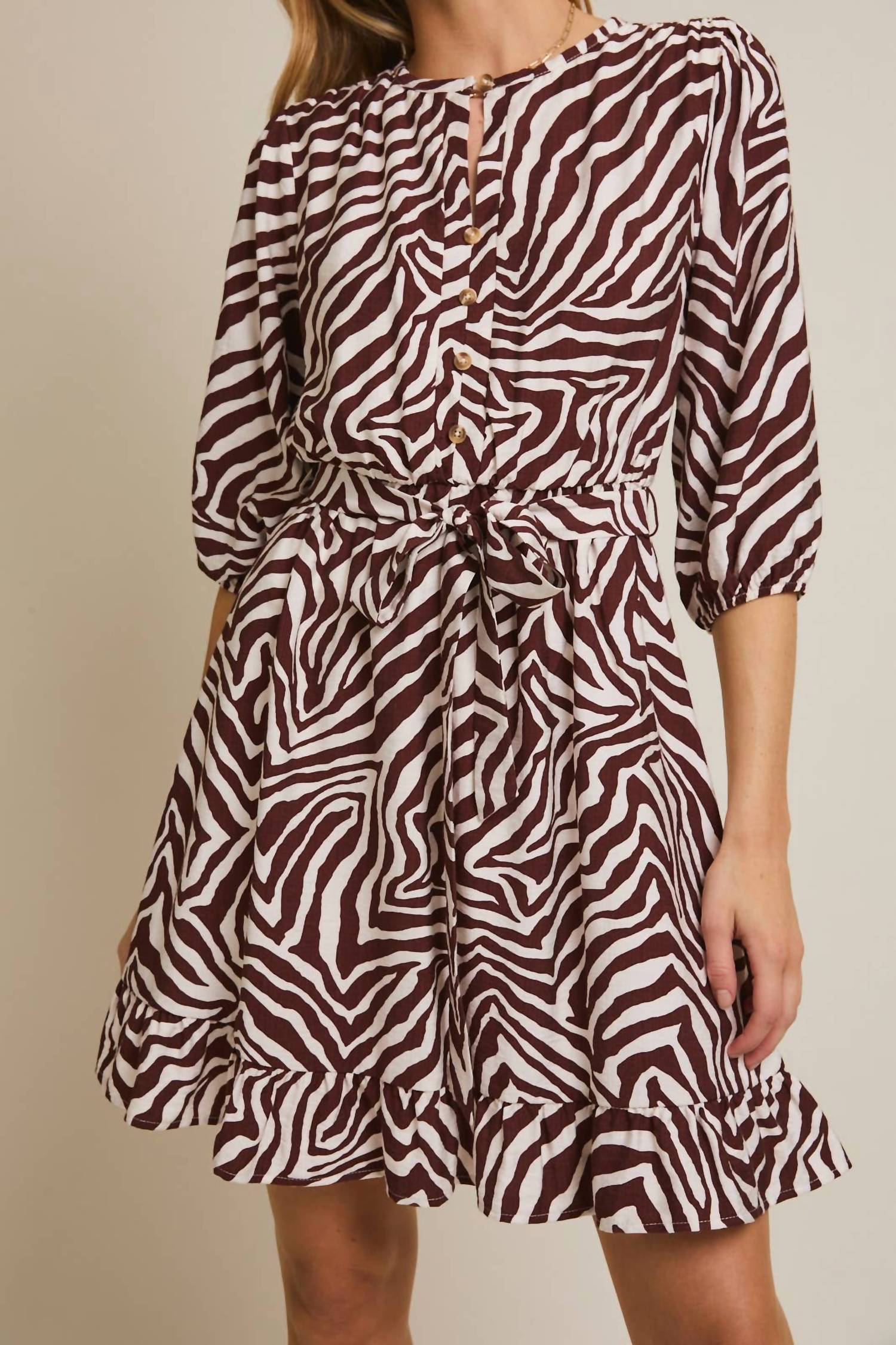 GILLI Tie Waist Mini Dress in ivory brown zebra - women's dress - view 4