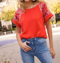 Umgee - Embroidered Sleeve Frayed Ruffle Trim Top