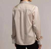 Hinson Wu Margot Long Sleeve Cotton Satin Shirt in champagne - women's long sleeve top - detail view
