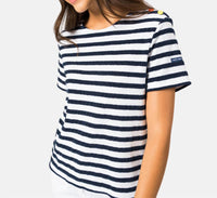 SAINT JAMES Short Sleeve Tee With Bouclé Stripes And Shoulder Buttons in white and marine - women's t-shirt - detail view