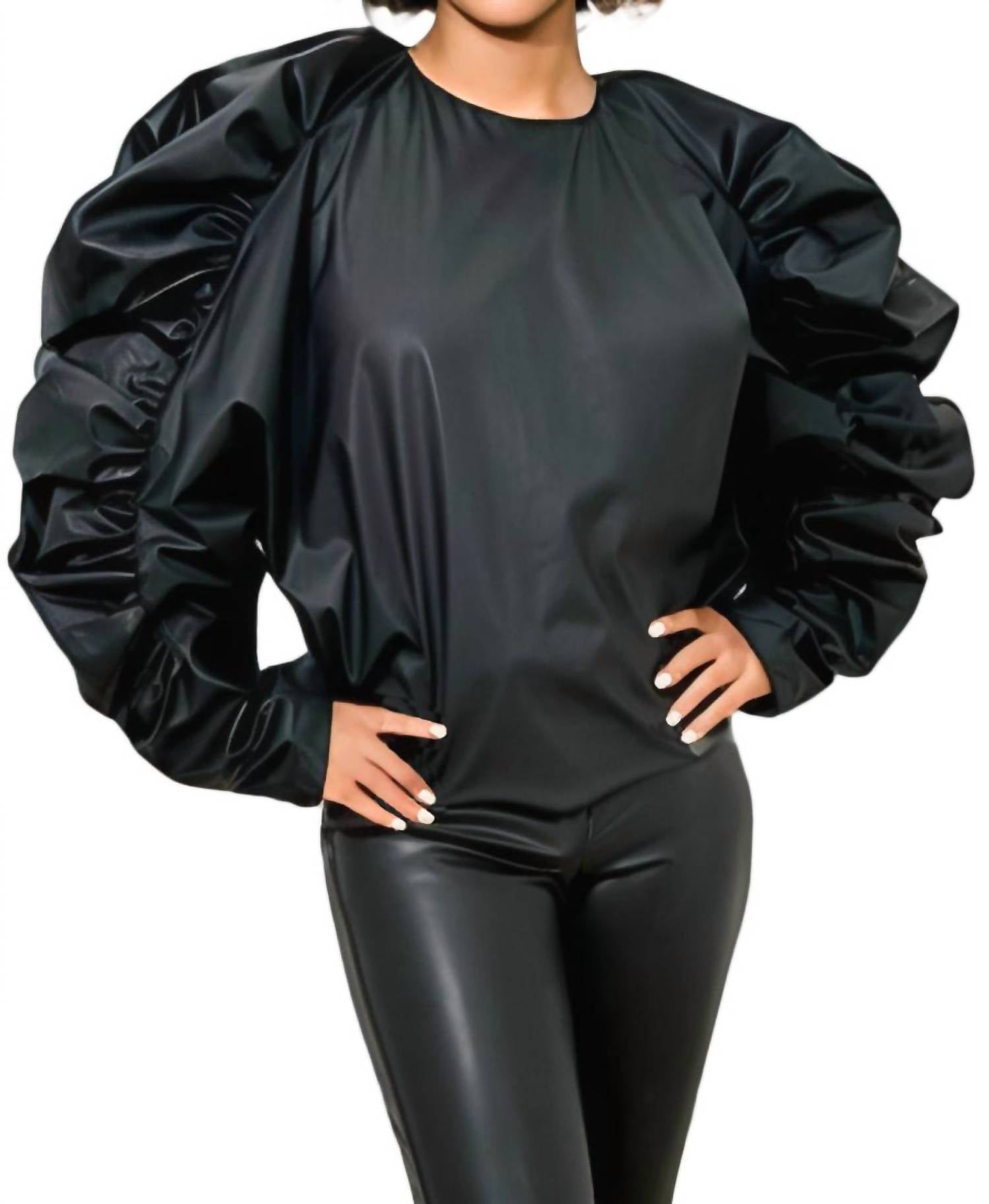 N By Nancy - Faux Leather Ruffle Sleeve Top