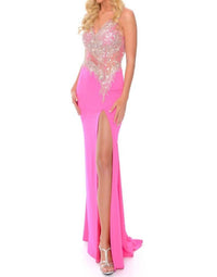 Precious Formals - Beaded Mesh Stretch Crepe Evening Gown