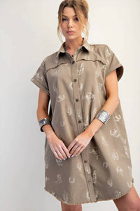 Easel - Western Printed Washed Twill Shirt Dress