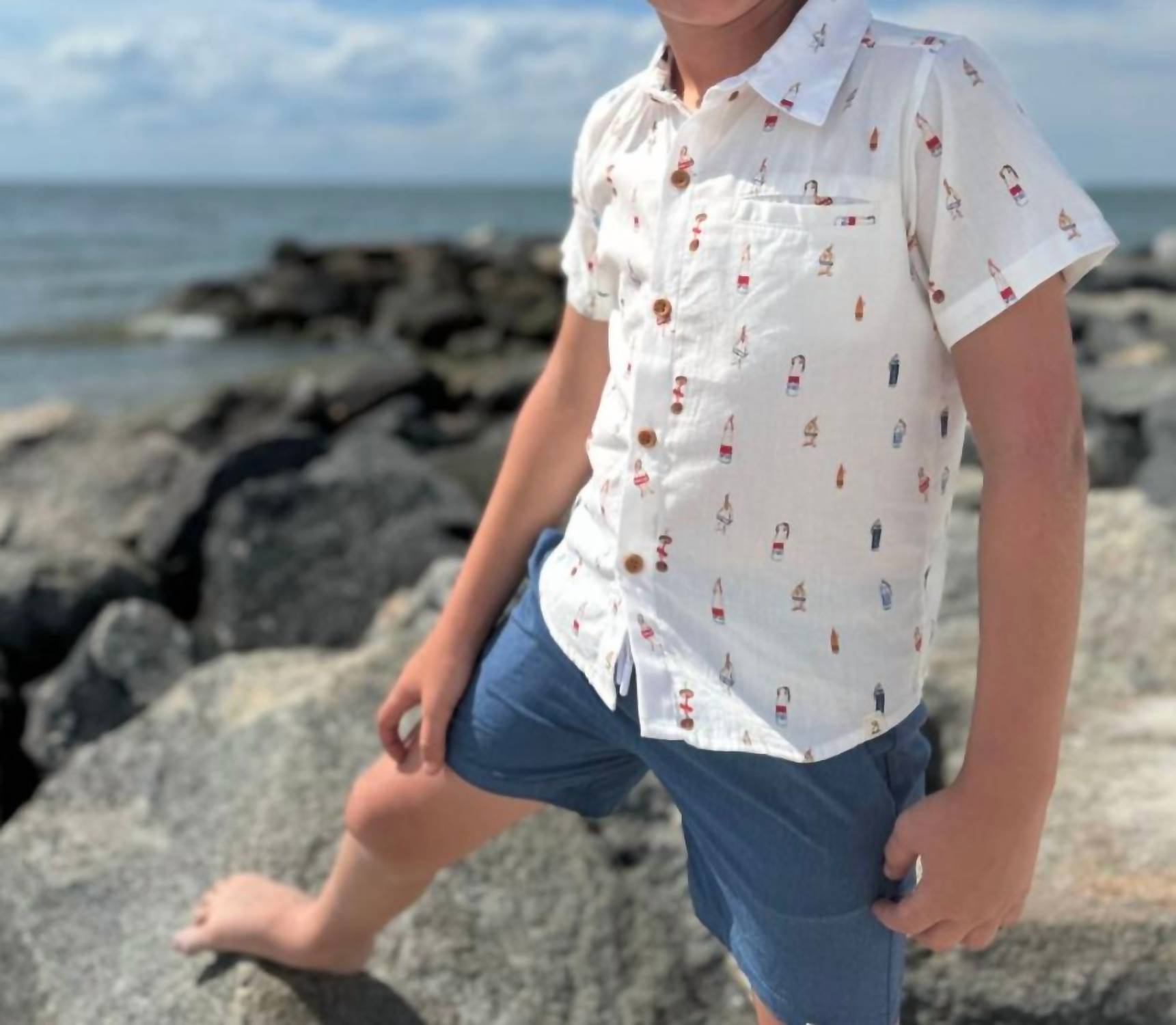 ME & HENRY Boy's Maui Buoys Printed Button Down Shirt in white - kids' shirt - detail view