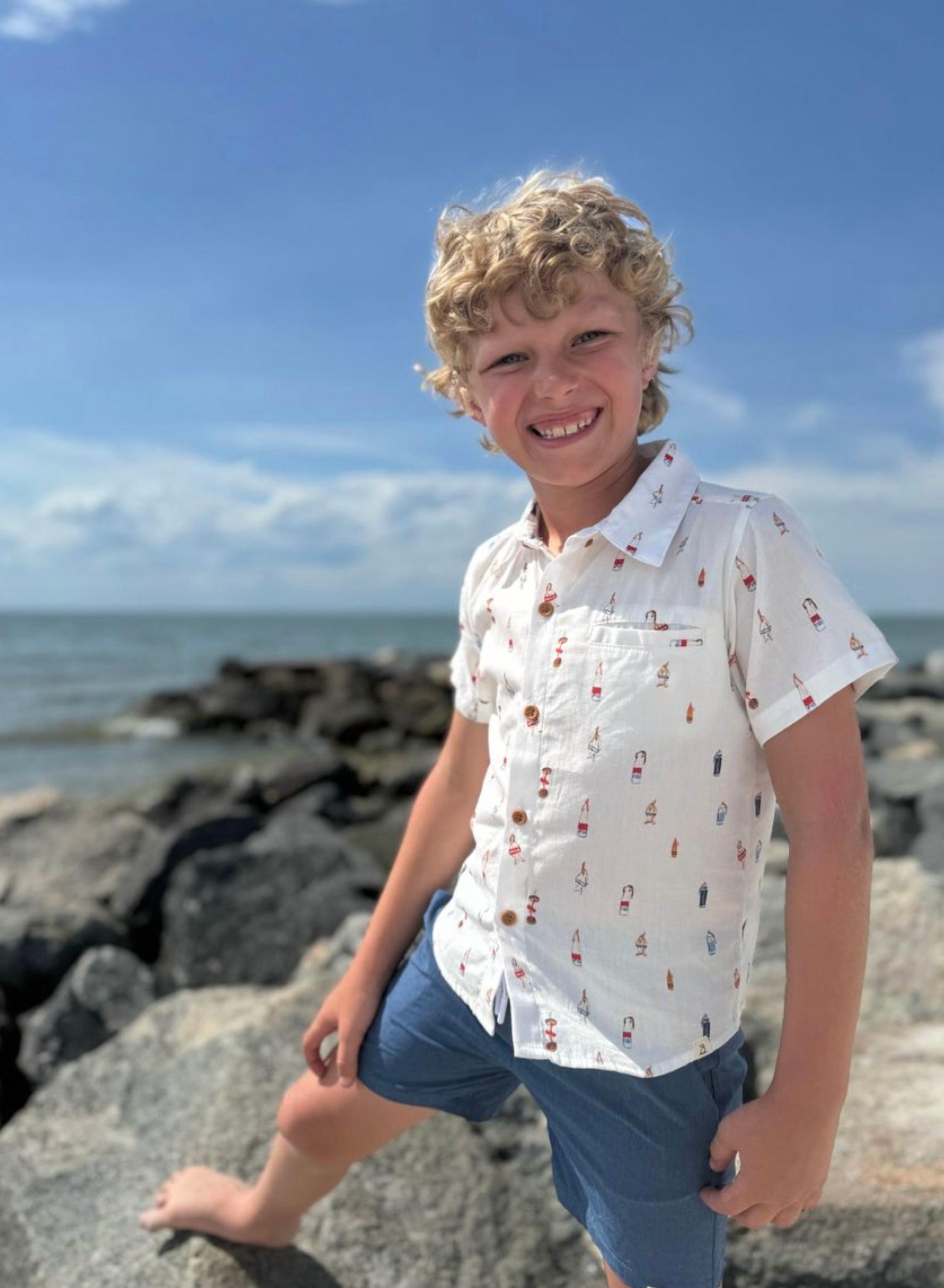 ME & HENRY Boy's Maui Buoys Printed Button Down Shirt in white - kids' shirt - alternate view
