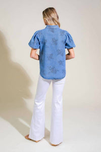 FLYING TOMATO Selena Floral Print Washed Denim Top in medium blue - women's blouse - detail view