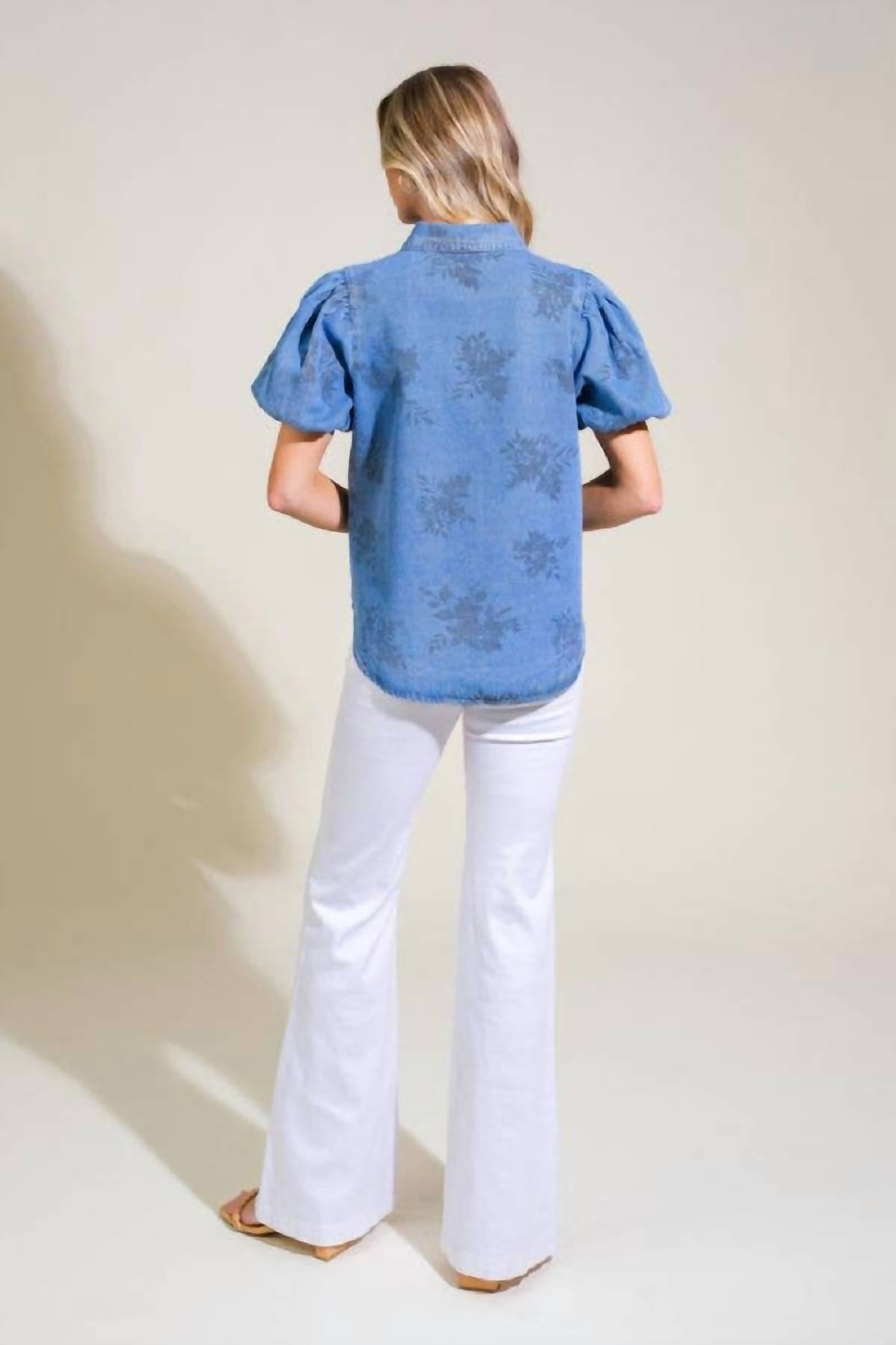 FLYING TOMATO Selena Floral Print Washed Denim Top in medium blue - women's blouse - detail view