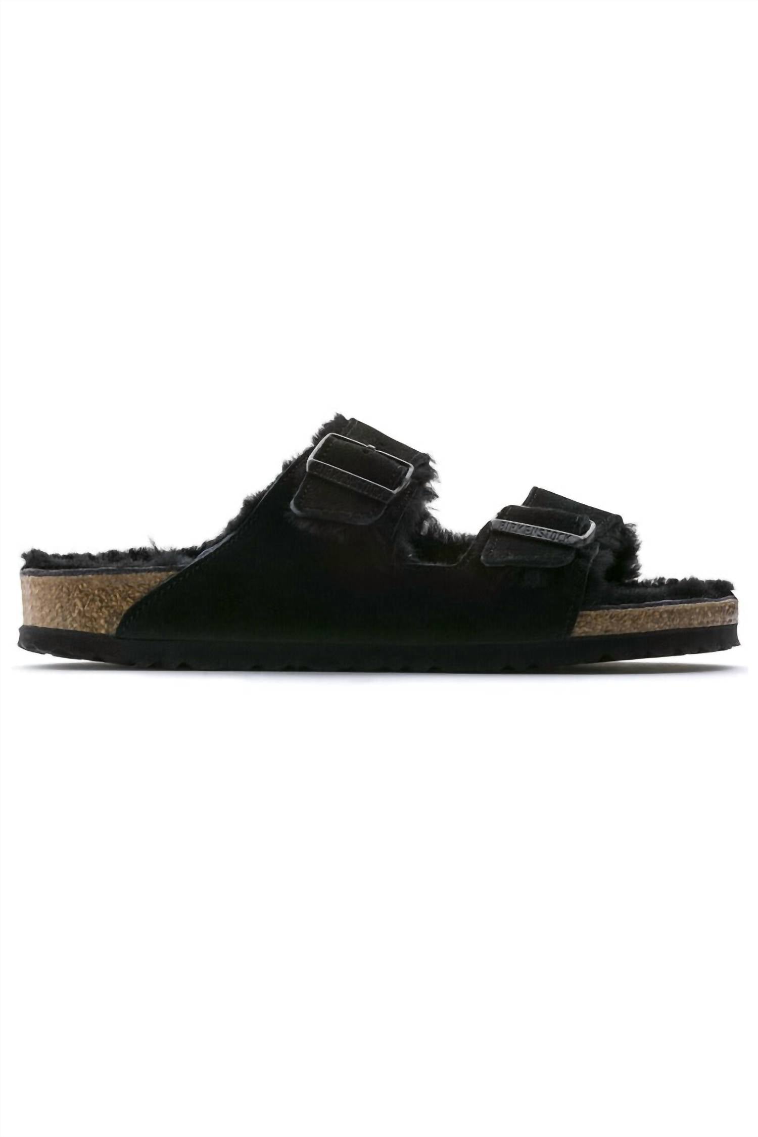 BIRKENSTOCK Unisex Arizona Shearling Suede Sandals in black - women's sandal - detail view