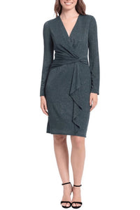 London Times - Long Sleeve Shirred Surplice Side Flounce Dress