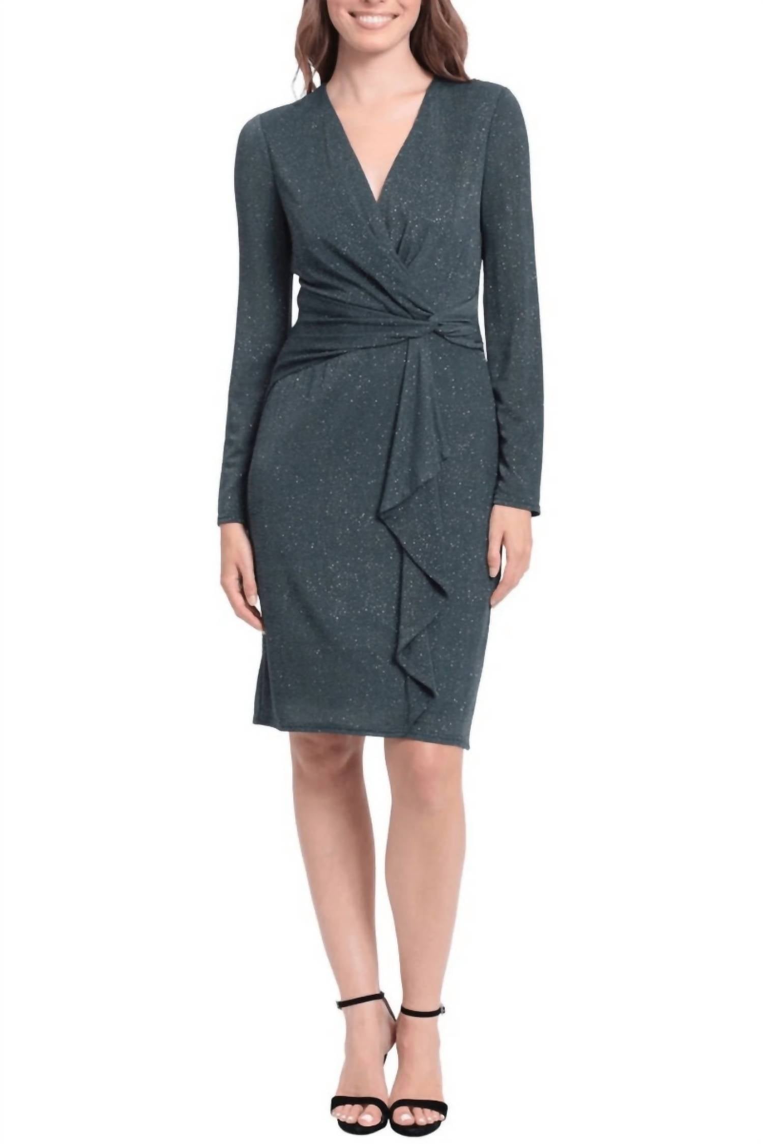 London Times - Long Sleeve Shirred Surplice Side Flounce Dress