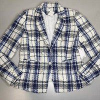 Ecru Women's Tweed Double Breasted Plaid Blazer in blue white - women's jacket