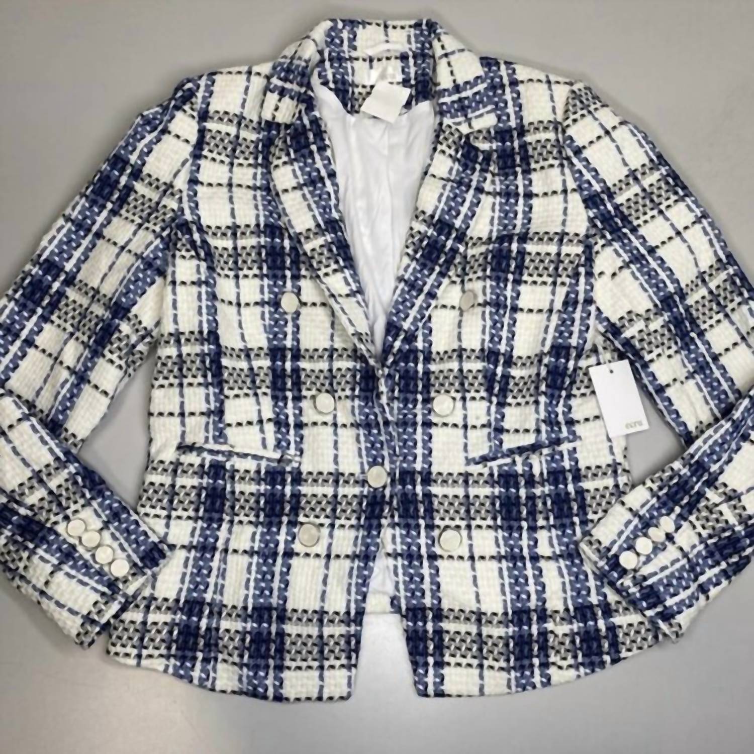 Ecru Women's Tweed Double Breasted Plaid Blazer in blue white - women's jacket