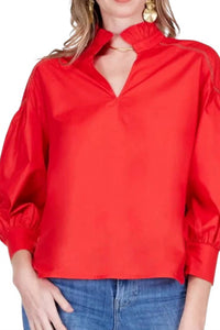 Jade Split Stand Collar Trim Top in red - women's t-shirt - detail view