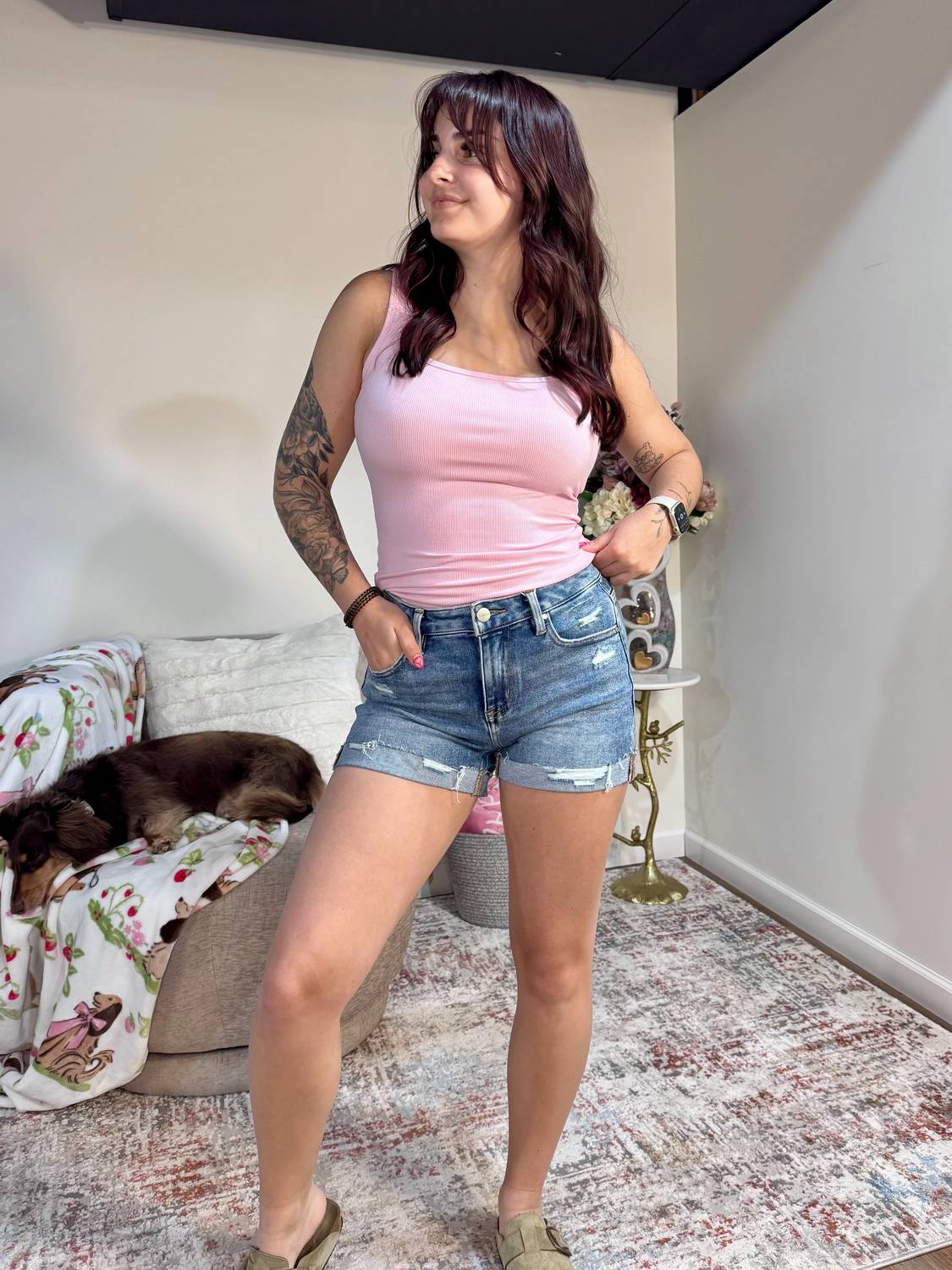 Risen - Lauren Mid Rise Cuffed Distressed Denim Shorts