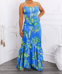 Surelymine - Bold Leaf Print Maxi Dress With Ruffle Hem