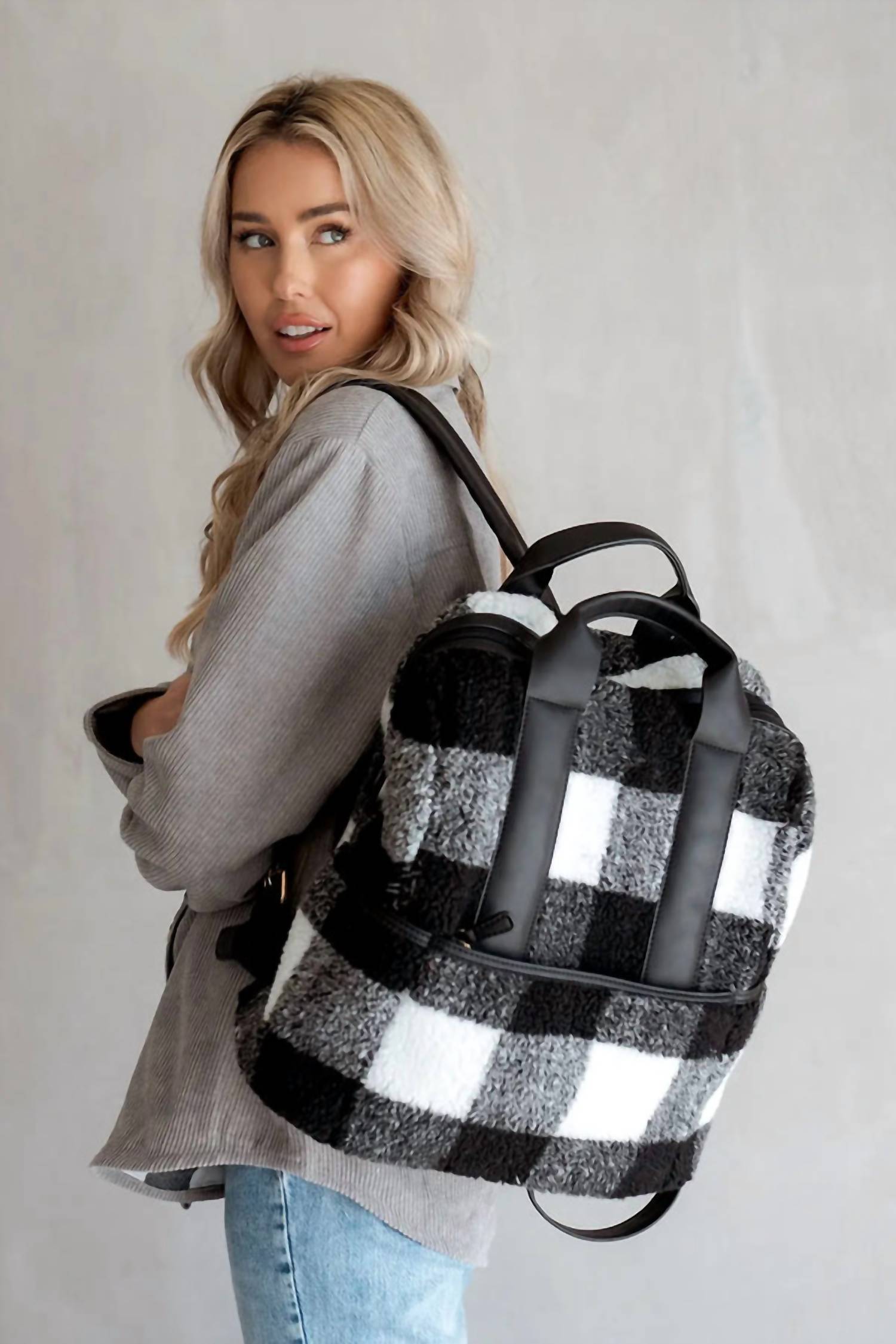 Jen & Co. Hattie Sherpa Backpack in white black - women's bag - alternate view