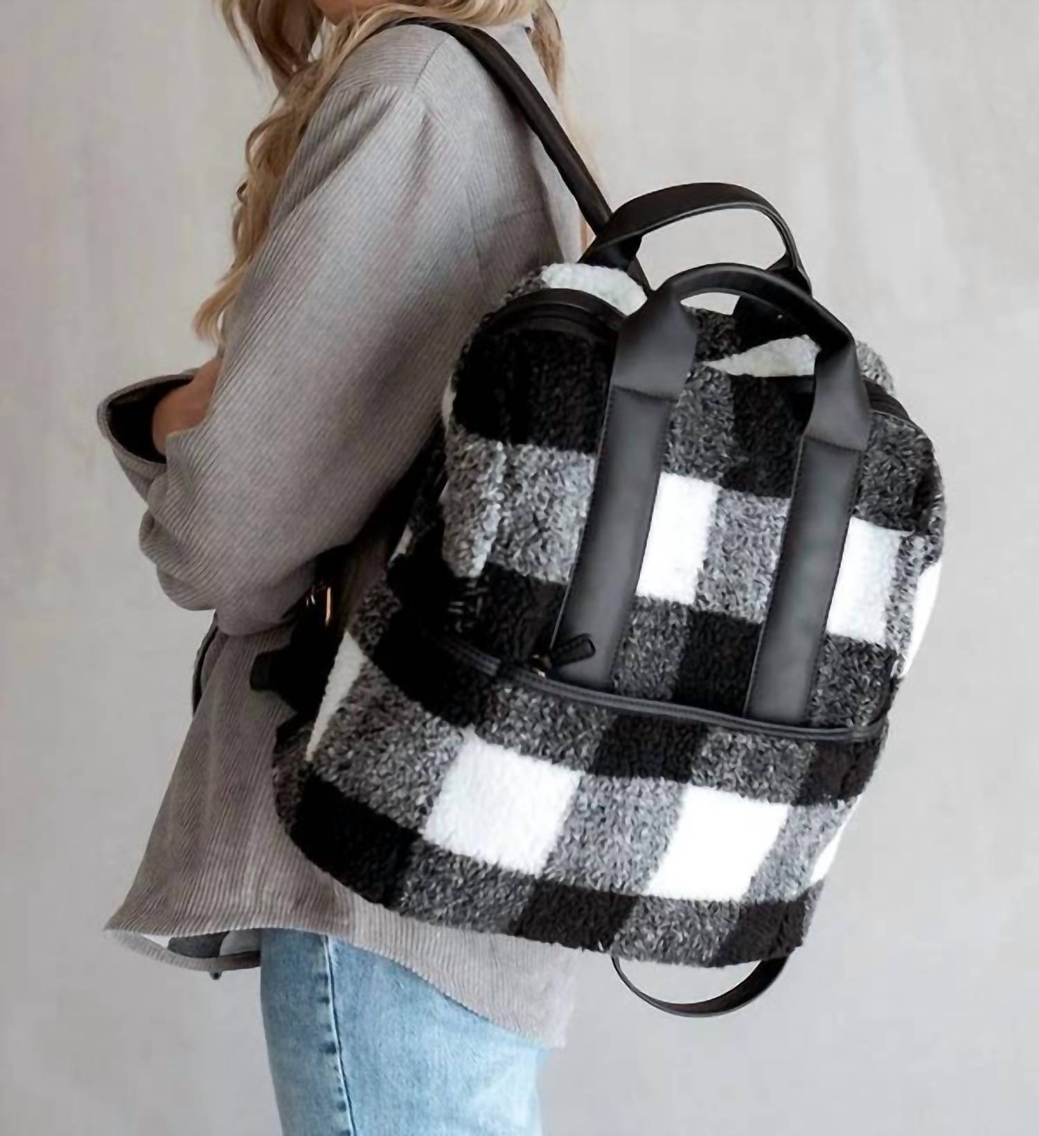 Jen & Co. Hattie Sherpa Backpack in white black - women's bag - detail view