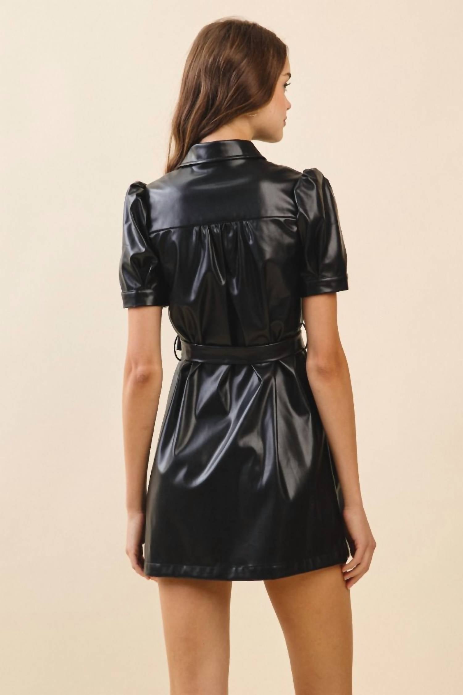 TCEC The Beverly Faux Leather Mini Dress in black - women's dress - detail view
