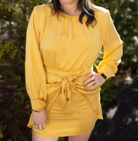 Entro - Solid Satin Round Neck Long Sleeve Dress