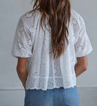 By Together Eyelet Round Neck Short Sleeve Top in white - women's blouse - alternate view