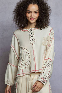 Pol - Crew Neck Peace Patch Floral Knit Top