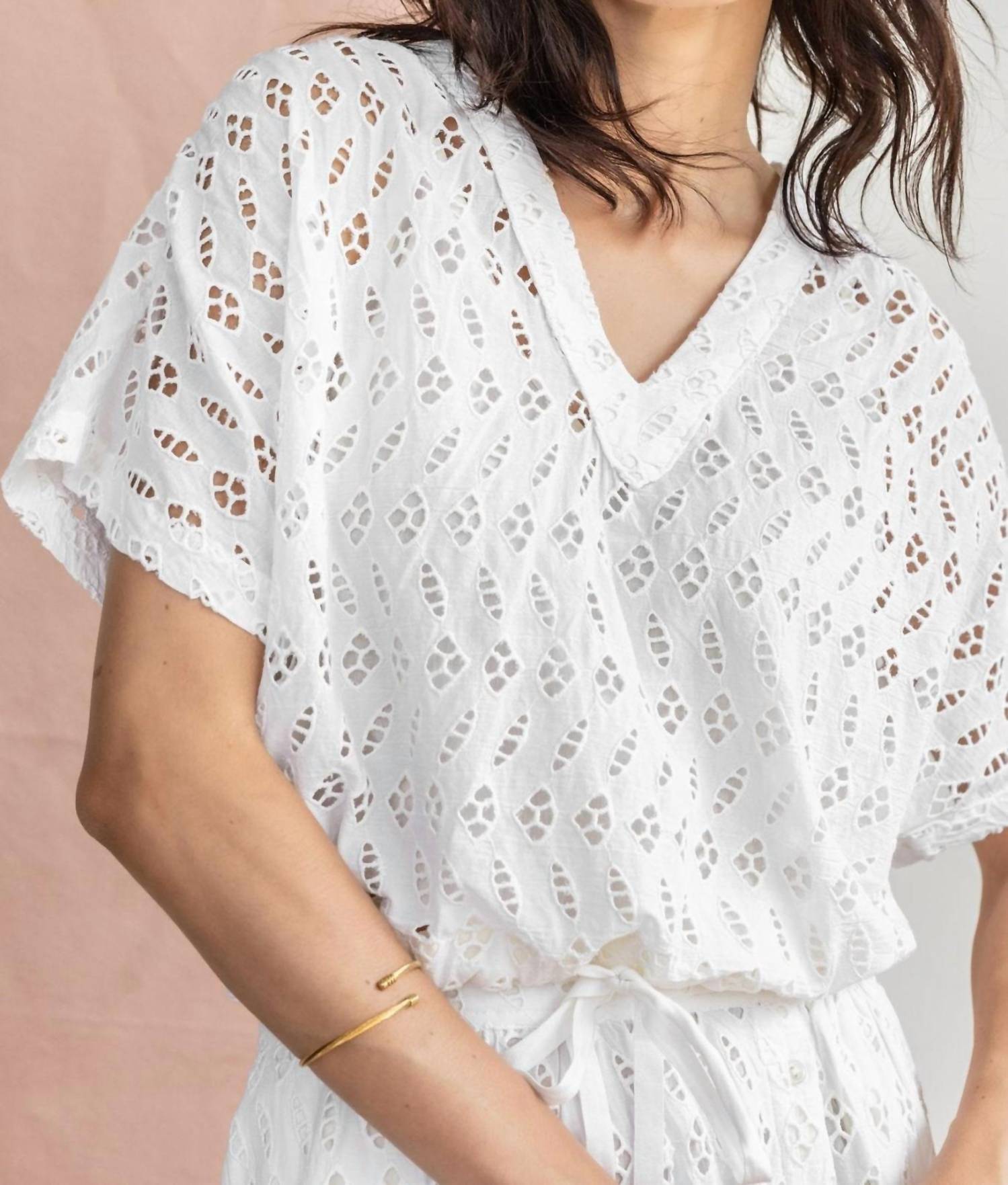 Lilla P - Eyelet Drawstring Dolman V-neck Top