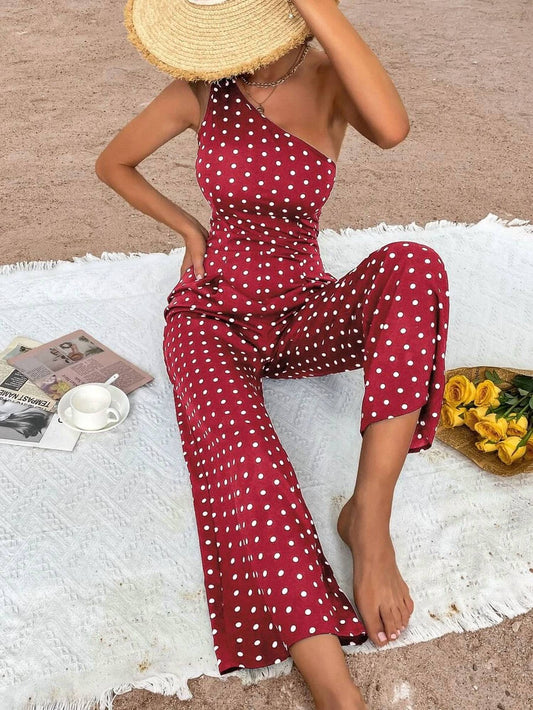 Lily Clothing - One Shoulder Strap Dot Jumpsuit