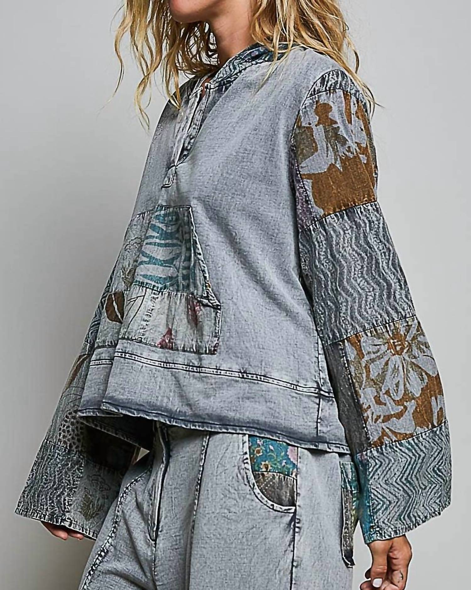 Pol - Patchwork Pullover Half Placket Kangaroo Hoodie