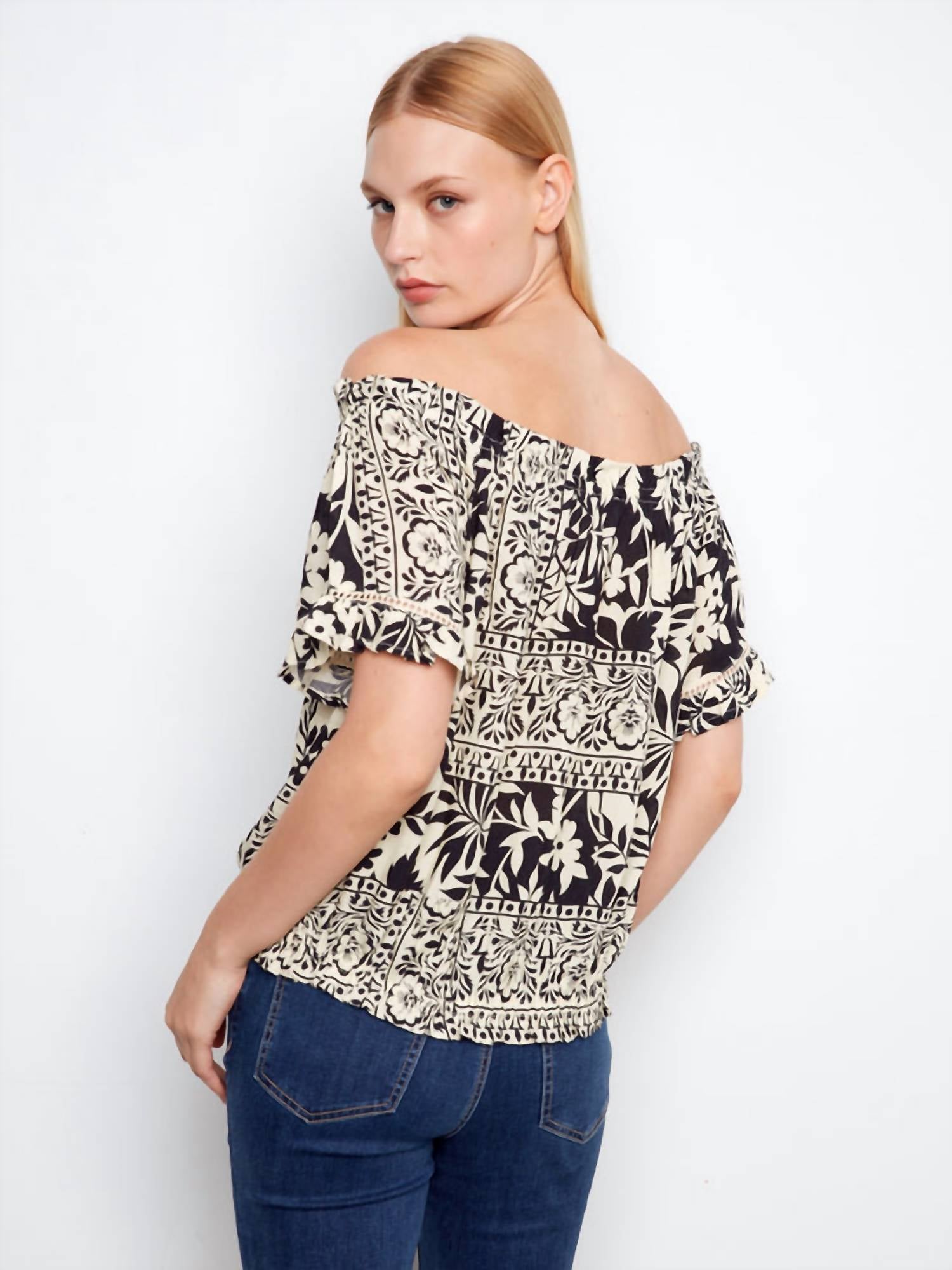 Charlie B - Printed Short Sleeve Off-shoulder Blouse
