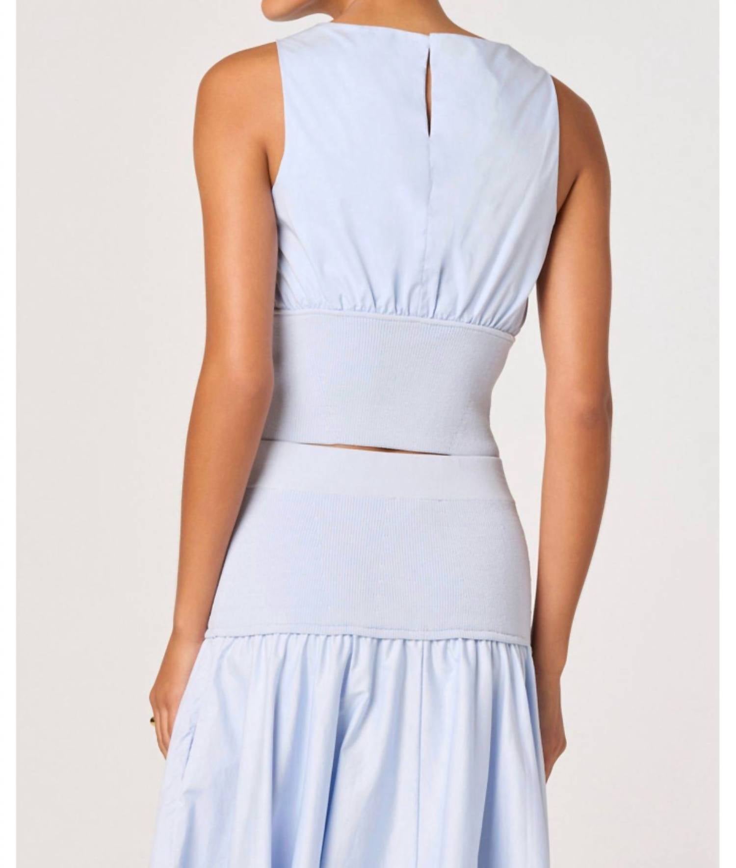 ASTR Thesan Mixed Media Gathered Crop Top in blue - women's shirt - detail view
