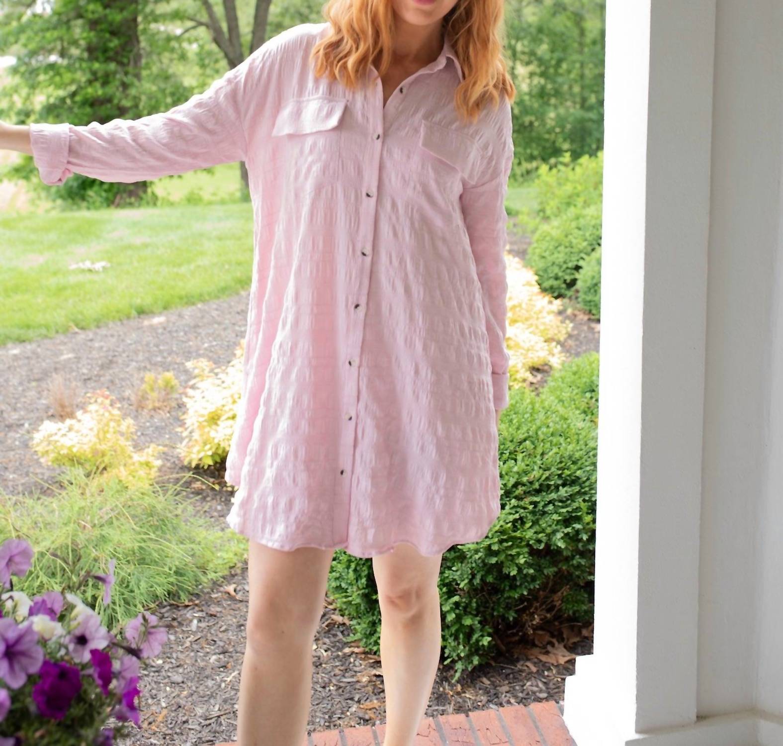 mystree Textured Button Down Shirt Mini Dress in pink - women's dress