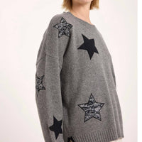 Brodie Cashmere Perrie Patch Star Cashmere Crew Neck Jumper in mid grey - women's sweater - detail view