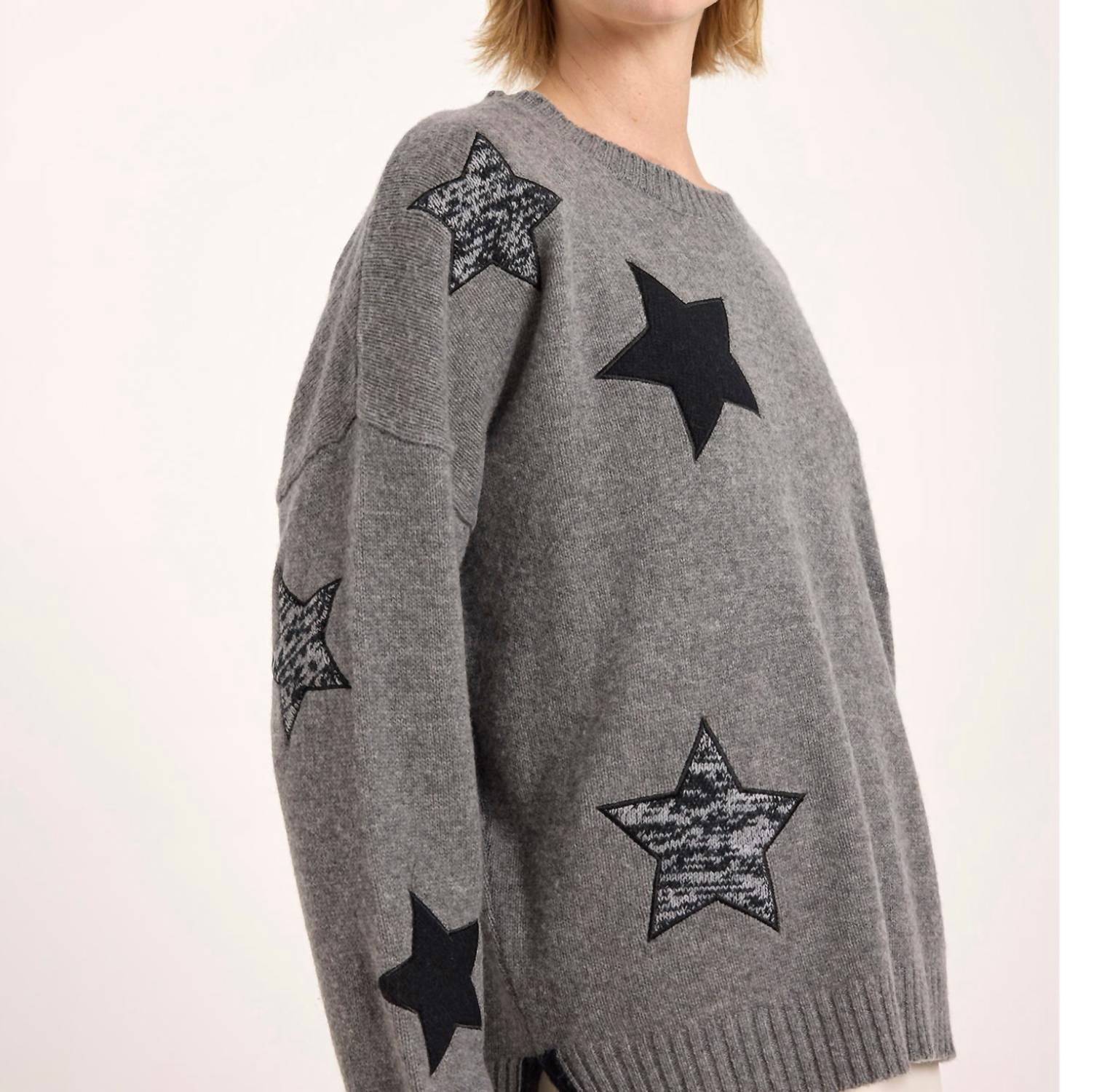 Brodie Cashmere Perrie Patch Star Cashmere Crew Neck Jumper in mid grey - women's sweater - detail view