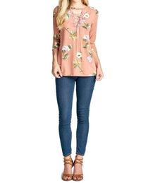 Oddi - Lace Up Floral Brushed Knit Top