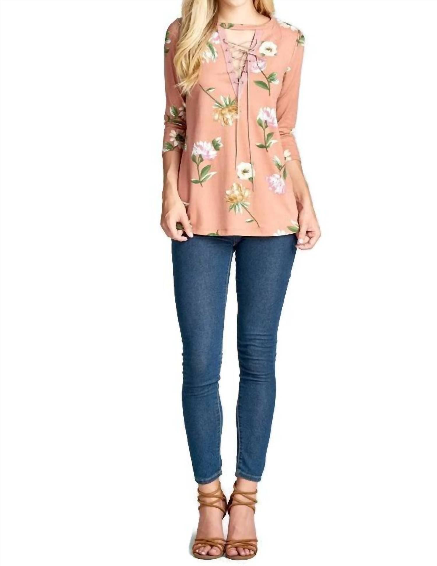 Oddi - Lace Up Floral Brushed Knit Top