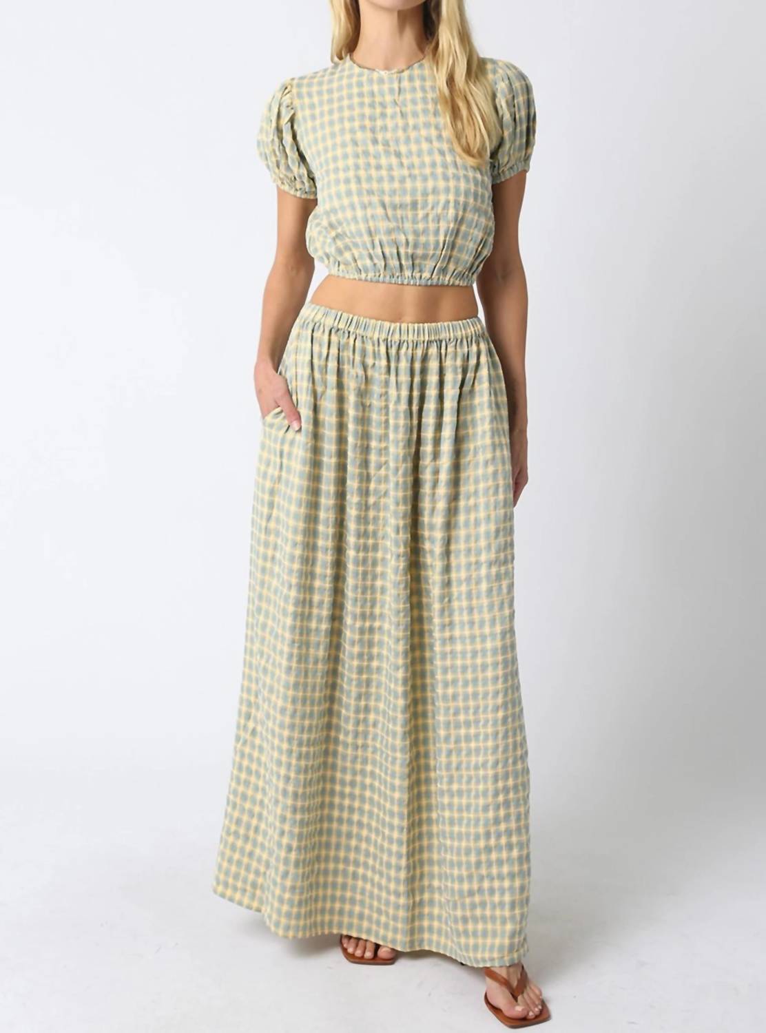 Olivaceous - Maxi Elastic Waist Check Skirt