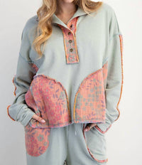 Easel - Floral Print Mock Neck Washed Terry Pullover