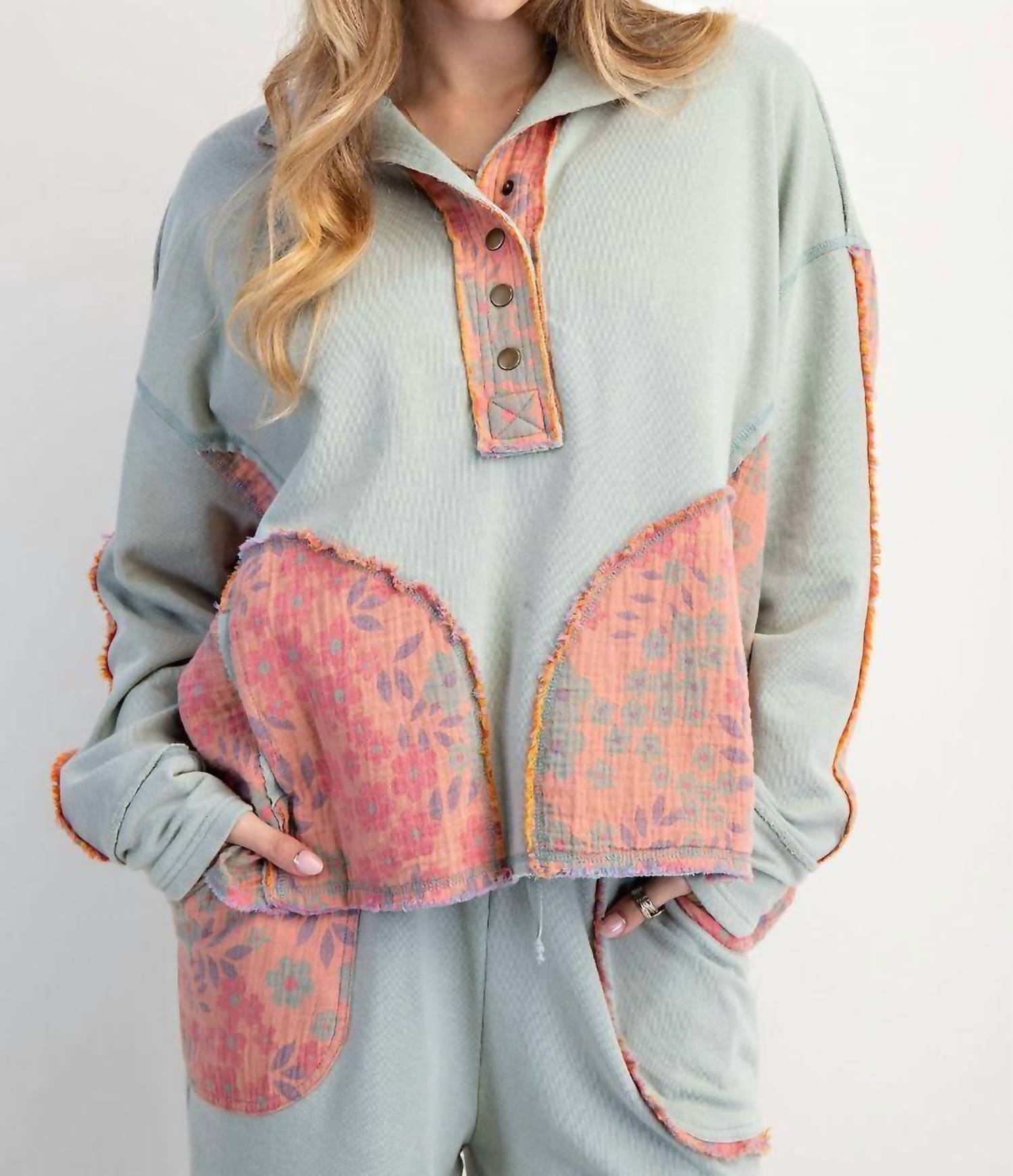 Easel - Floral Print Mock Neck Washed Terry Pullover