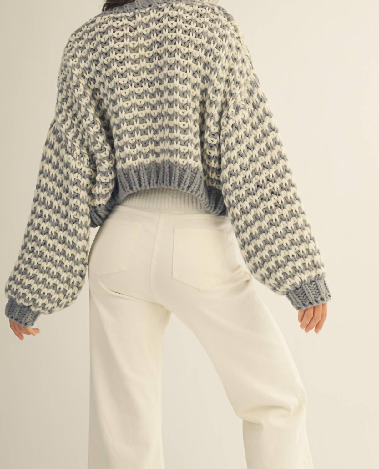 LovLov Vintage Chunky Ribbed Knit Cardigan in grey white - women's cardigan - view 5
