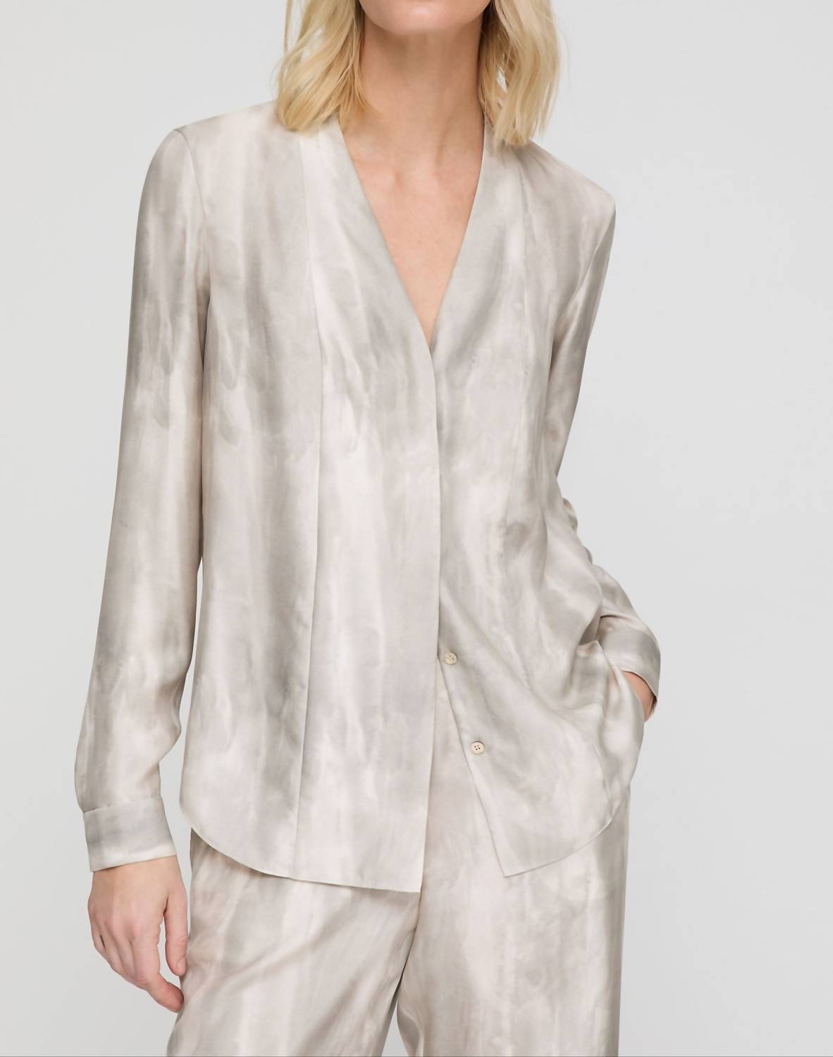 Lafayette 148 V Neck Button Front Blouse in pearl - women's blouse