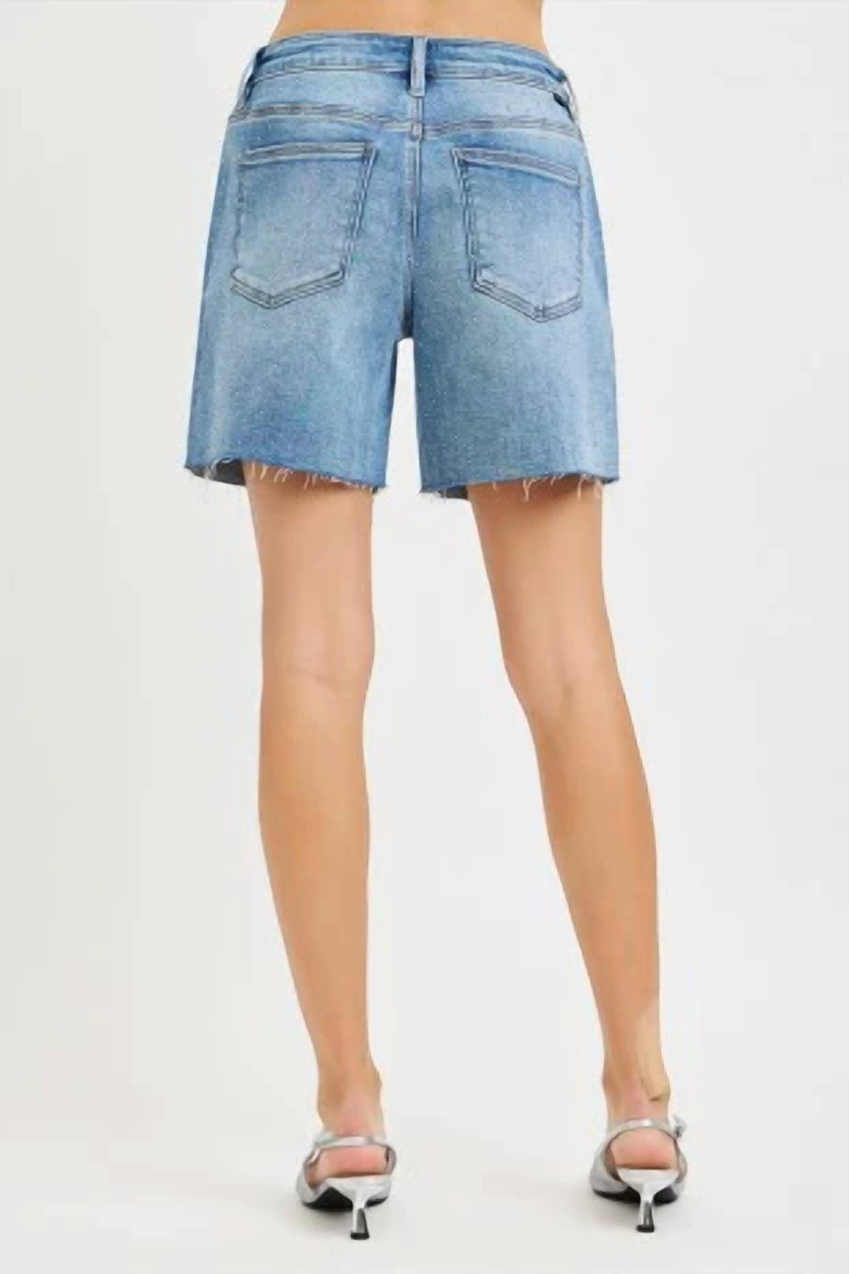 Risen - Justine Rhinestone Mid Length Jean Shorts