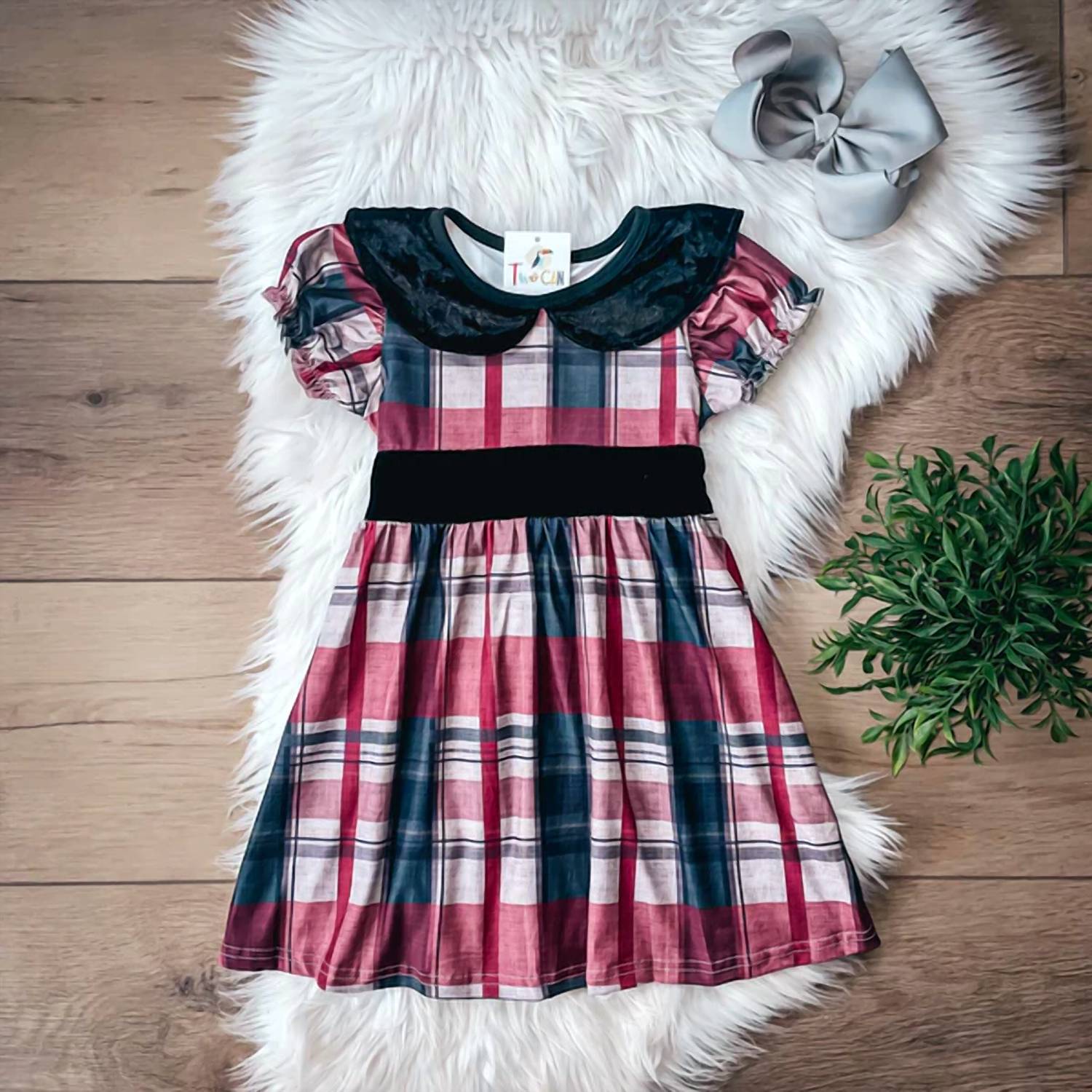 Twocan - Girls Christmas Plaid & Velvet Short Sleeve Dress