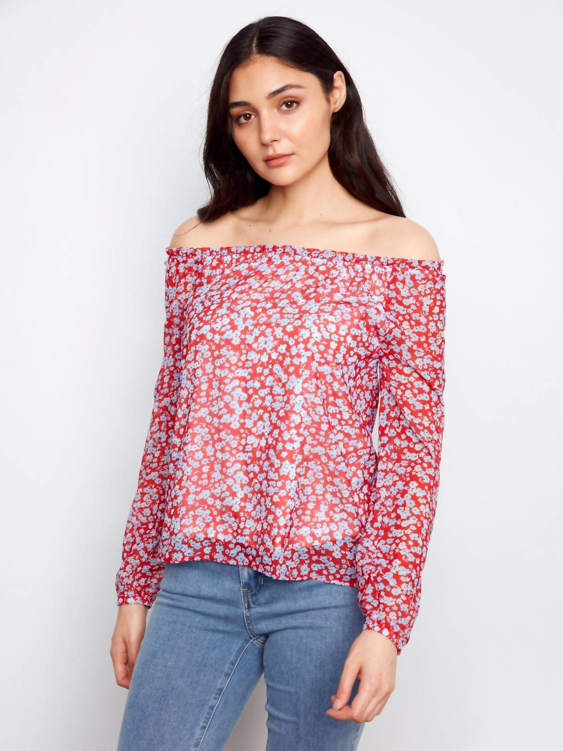 Charlie B - Printed Long Raglan Balloon Sleeve Off Shoulder Blouse