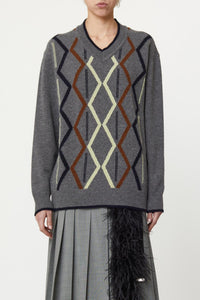 Plan C Argyle Cashmere V-neck Sweater in multi - women's sweater