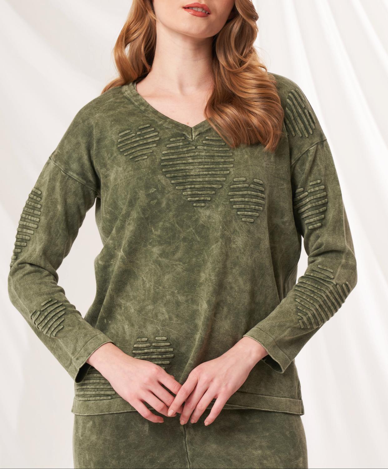 Angel Apparel V-Neck Heart Sweater in army - women's sweater - detail view